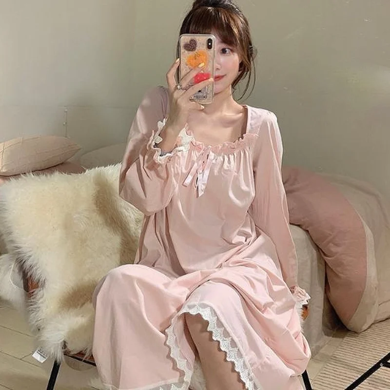 Для женщин ночные рубашки для девочек с длинными рукавами кружевное платье