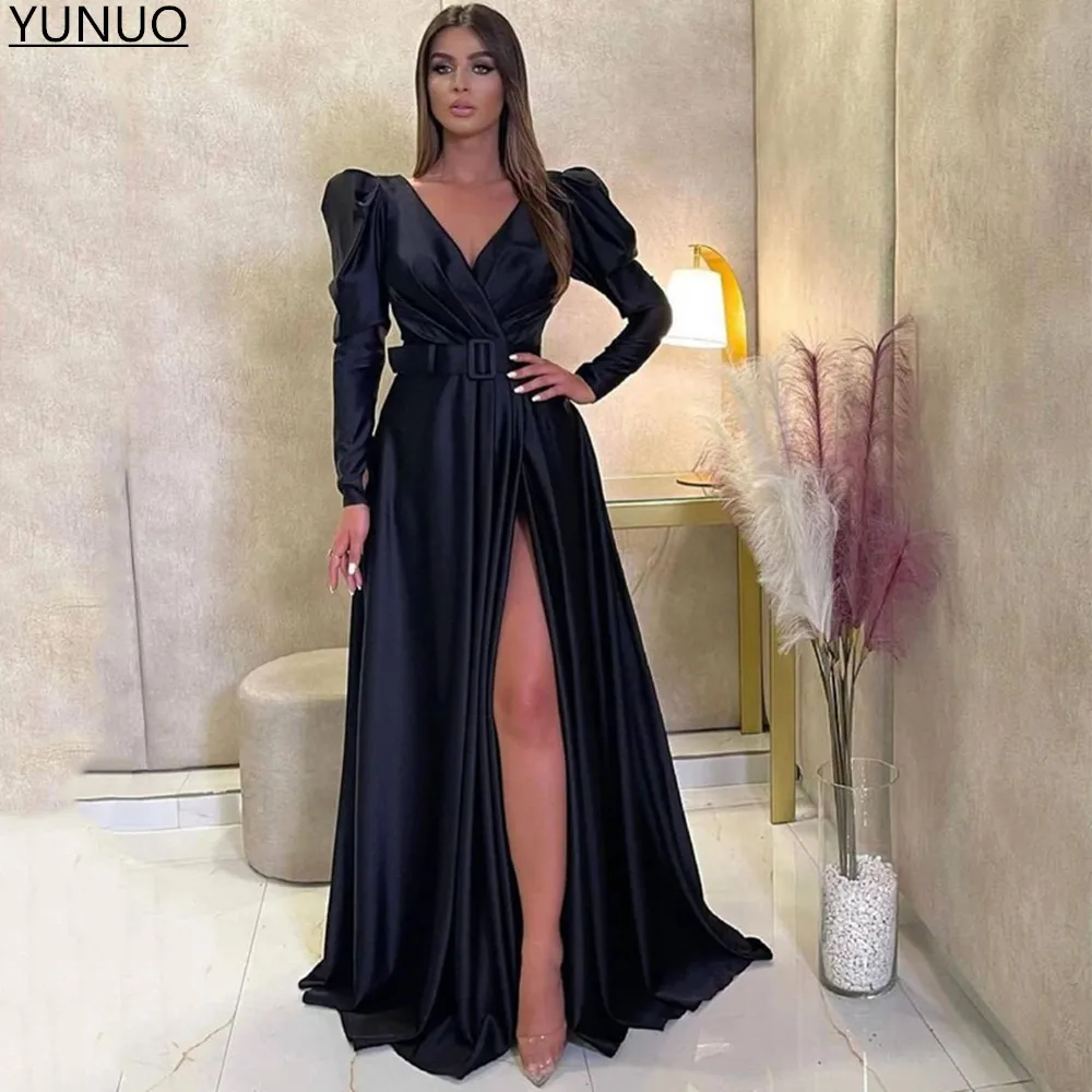 

YUNUO Black Satin Saudi Arabia Formal Evening Dresses Long Sleeves V-neck Side Slit Prom Party Gowns vestidos de fiesta 2022