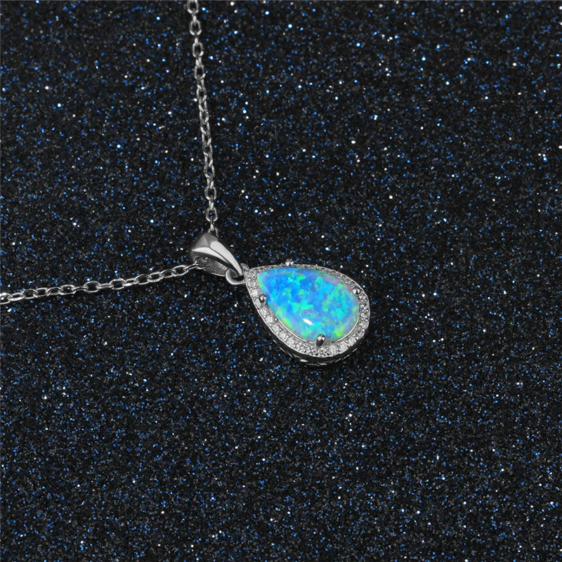 

Ailodo Genuine 925 Sterling Silver Necklace For Women Blue Opal Water Drop Shape Pendant Necklace Fine Jewelry Gift 20MAR61