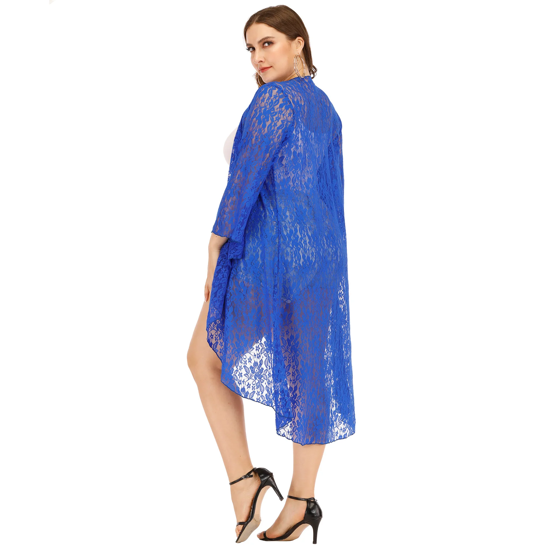 

Lace Beach Cover Up Kimono Cardigan Tops Female Clothing Three Quarter Sleeve See Through Long Coats Sexy Women Blouses T190977
