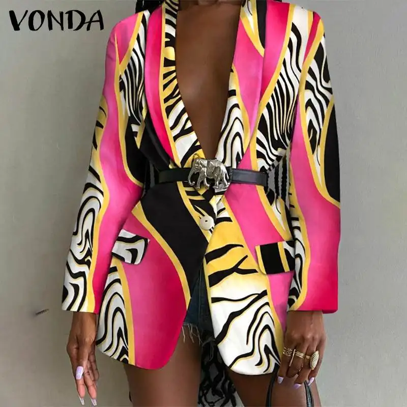 

Women Party Blazer 2022 VONDA Office Formal Coat Jackets Turn Down Collar Printed Suit Blazer Outerwear Veste Femme