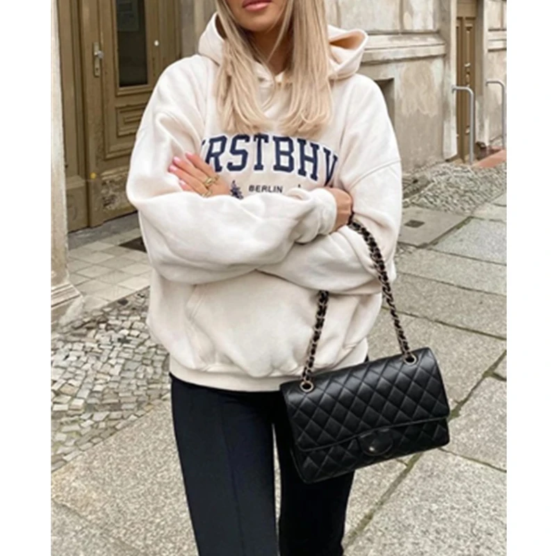 

WEPBEL Women Autumn Winter Loose Letter Print Hoodies Ladies Elegant Long Sleeve Hooded Sweatshirt Pullover Top