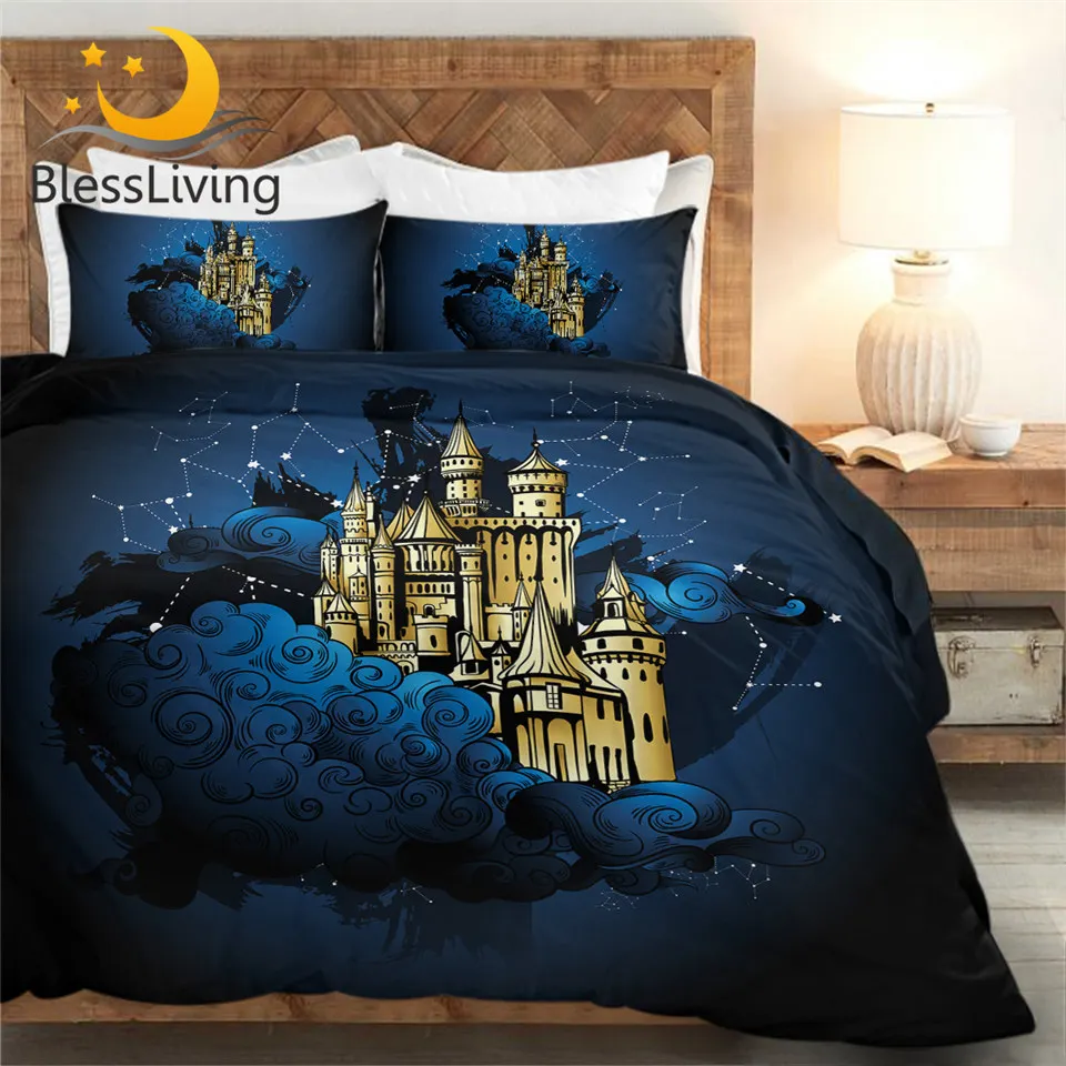 

BlessLiving Castle Bedding Set King Constellation Comforter Cover Blue Night Sky Clouds Bedclothes Galaxy Fairy Tale Bedspreads