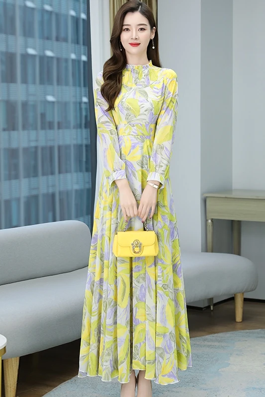 

COIGARSAM 4XL Plus Size Fashion Full Sleeve Women dress Spring Summer High Waist Dresses Green Yellow Black 1976