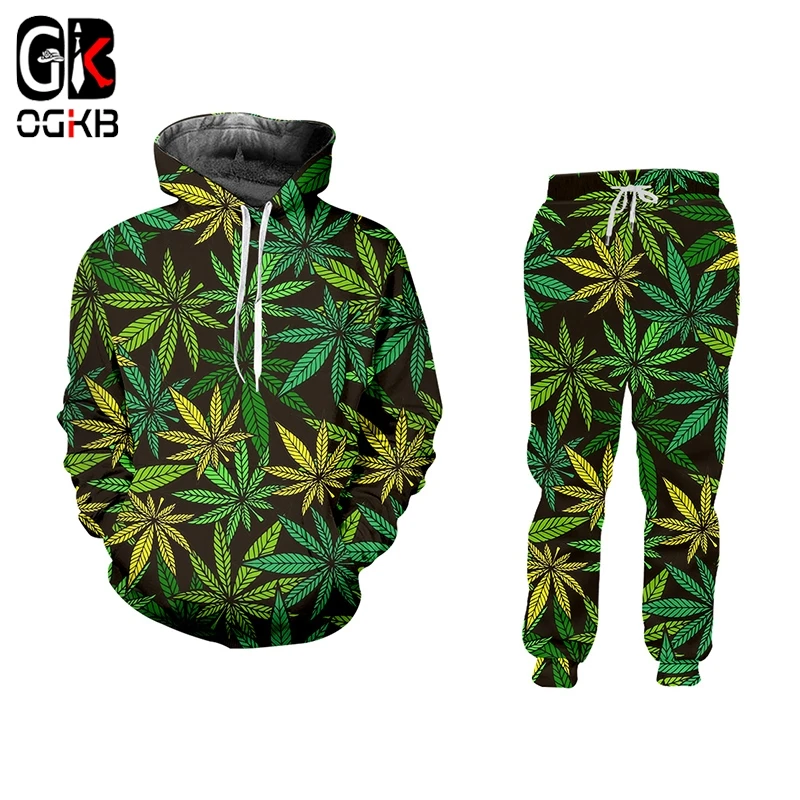OGKB Casual Streetwear Hoodies And Pants Green Hemp Leaf Weed 3d 2-piece Set Hoodie Pullovers Men/Women Tracksuit Plus Size 6XL