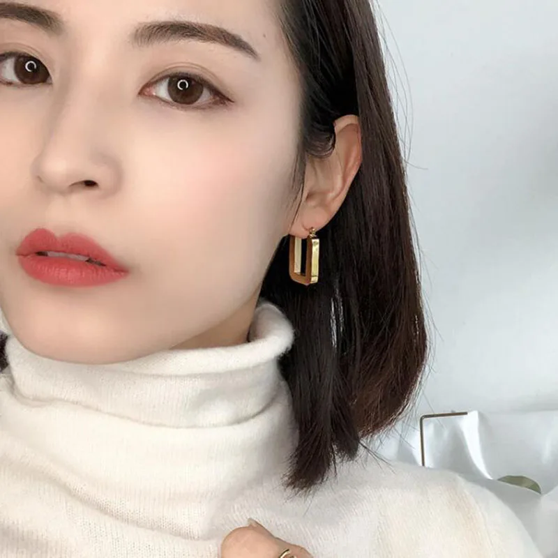 

Trendy Thick Chunky Geometry Hoop Earring Gold Stainless Steel Hollow Square Fashion Women Jewelry Girls Gift