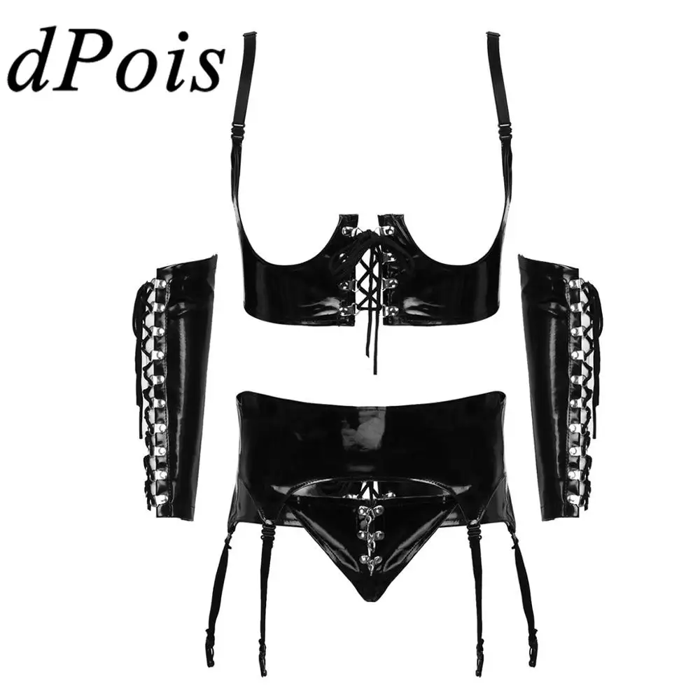 

4Pcs Womens Wet Look Patent Leather Lingerie Set Open Bust Underwired Lace Up Corset Top Garter Panties G-string Briefs Sleeves