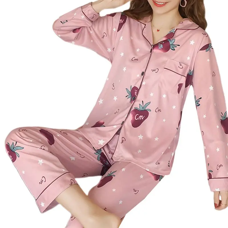 14 Женский пижамный комплект Kawaii С мультяшным принтом, пижама с длинным рукавом, на пуговицах, с круглым вырезом, свободные штаны, домашняя одежда, M-2XL, 19 видов стилей - Цвет: 14