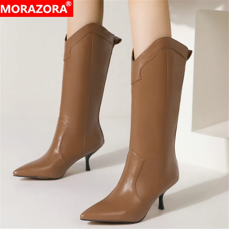 

Женские ботинки с острым носком MORAZORA, черные вечерние ботинки-Челси на тонком высоком каблуке, до середины икры, лето 2022