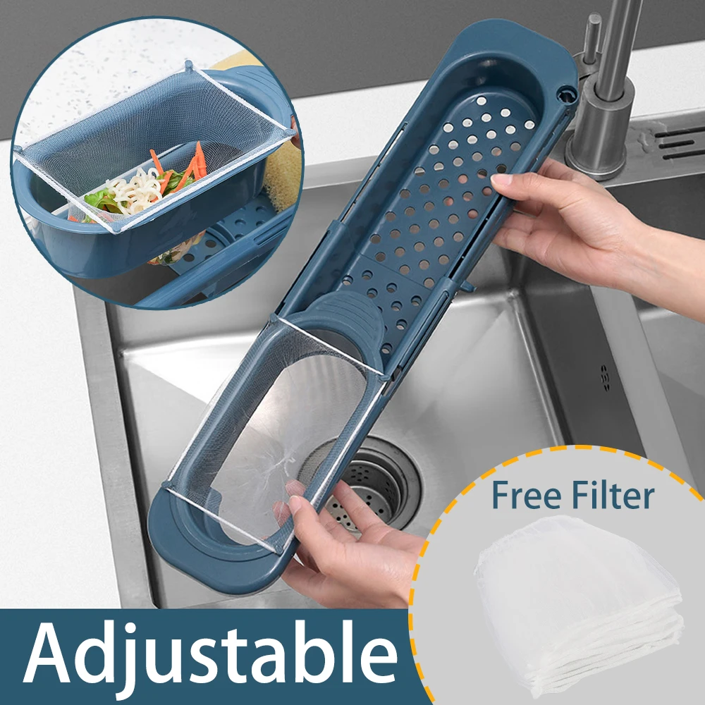 

Telescopic Sink Rack Retractable Sponge Storage Holder Filter Leftovers Drain Basket Dishwashing Cloth Hanger Kitchen Organizer