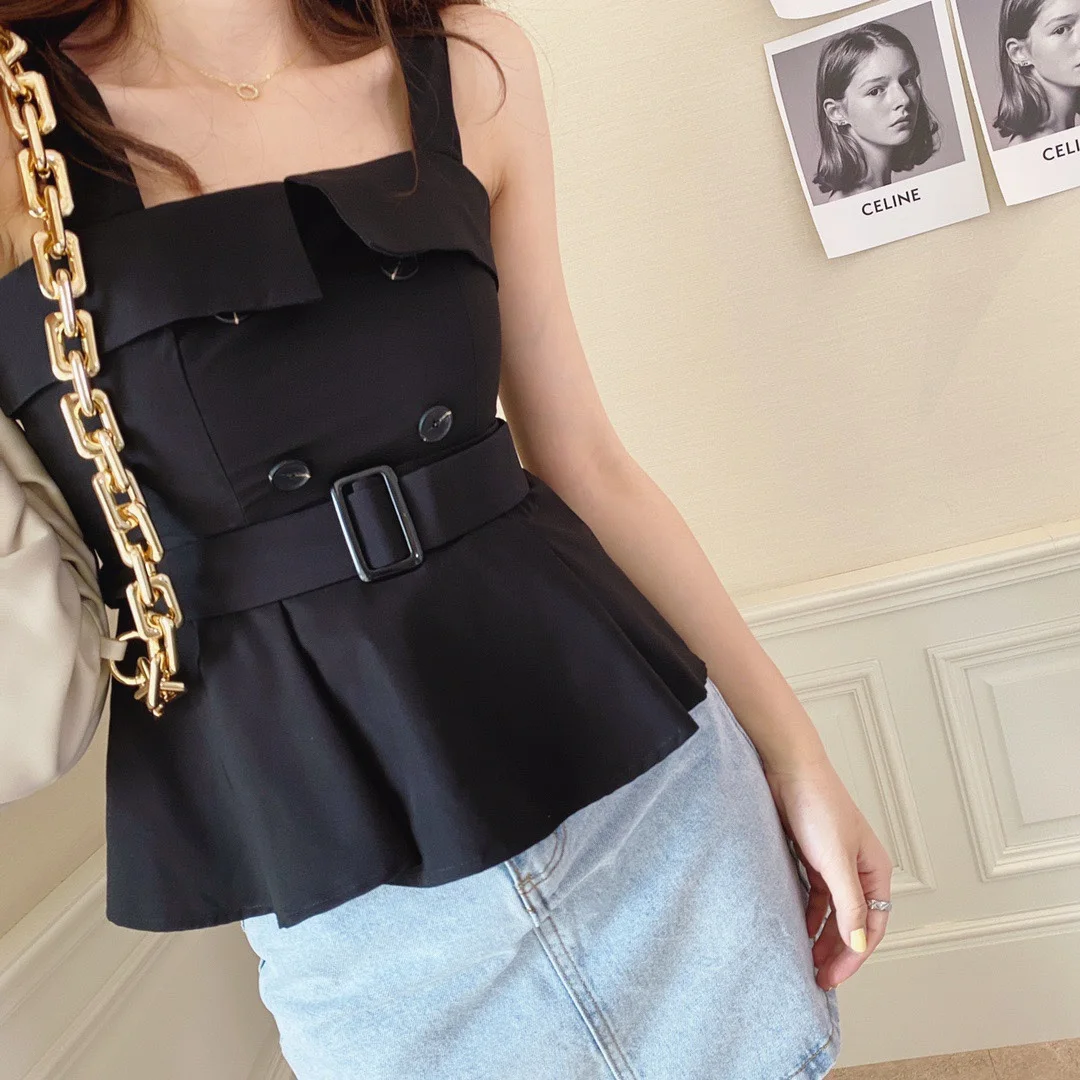 2021NEW summer double-breasted decorative belt strapless ruffled camisole, top women's high-waisted slim slimming small vest top