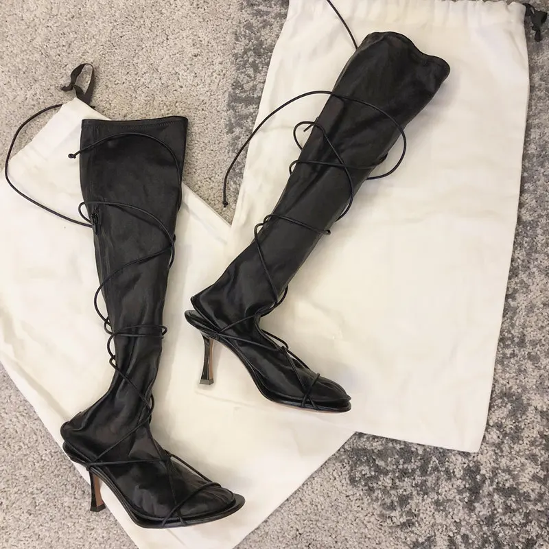 Harga Sepatu Bot Setinggi Lutut Wanita Sepatu Hak Tinggi Stiletto Kulit Hitam Dengan Tali Renda Dua Cara Pemakaian M7