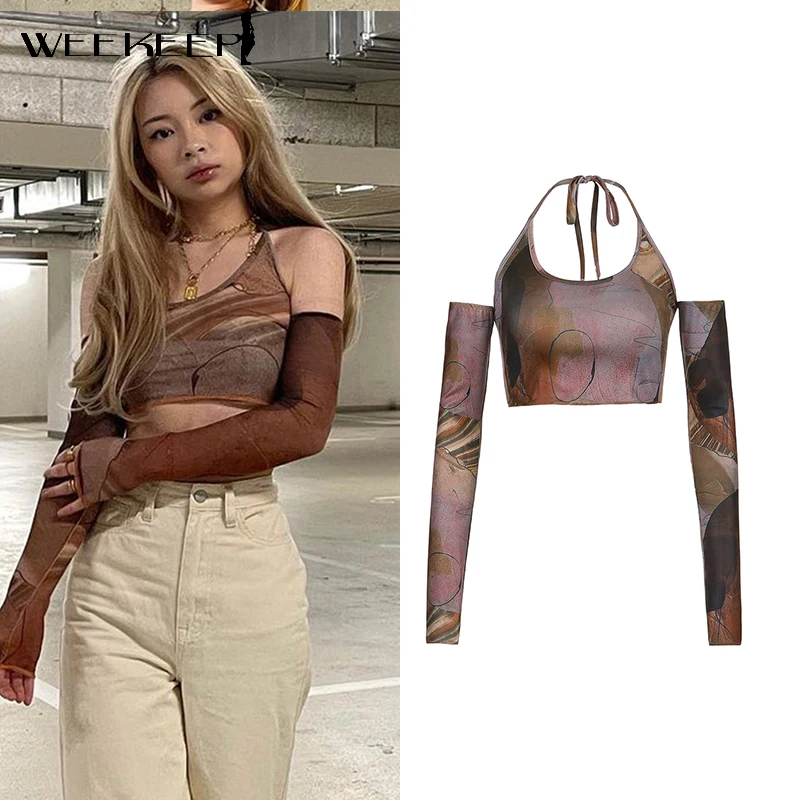 

Weekeep Vintage Print Off Shoulder T-Shirt Women Backless Tie Up Halter Crop Tops Summer Harajuku Aesthetic Streetwear Club Sexy