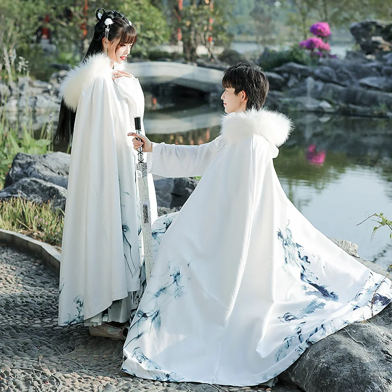 

Китайский Мужской и женский плащ с чернильным принтом, зимняя одежда с толстым бархатным и длинным шерстяным воротником