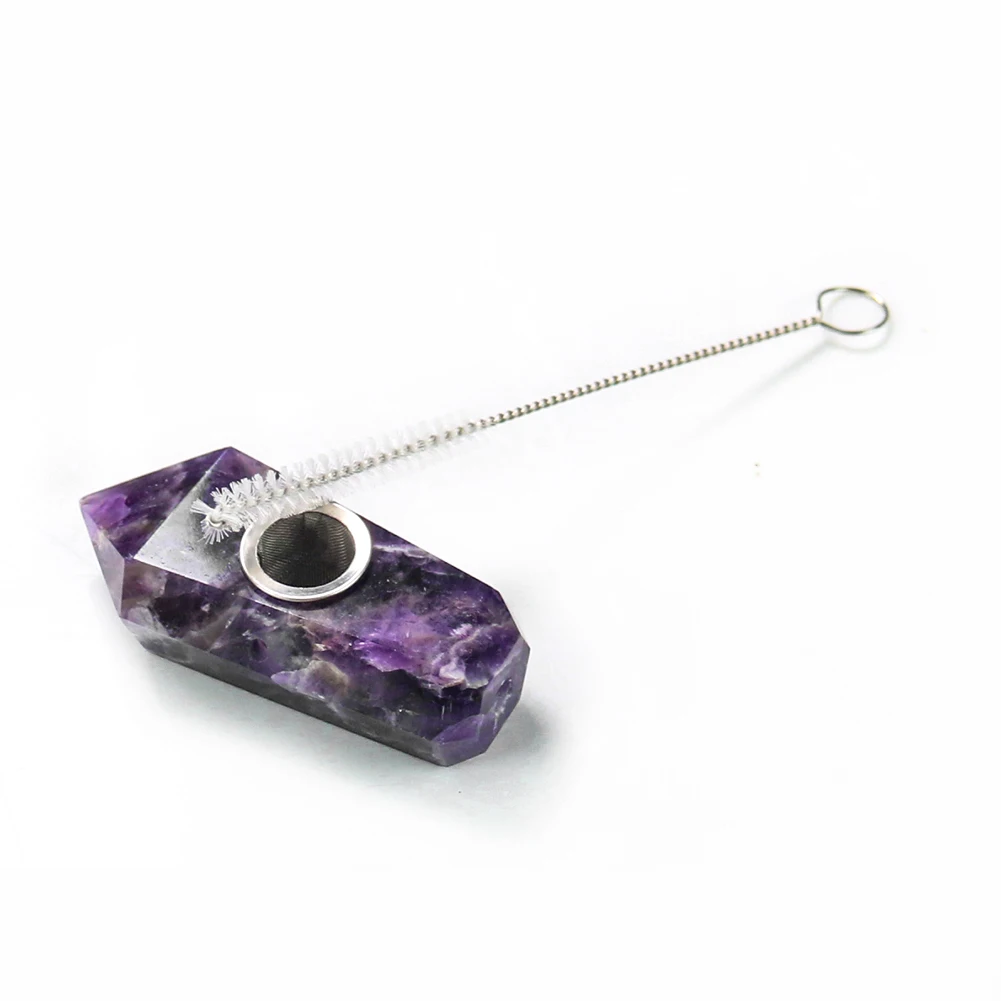 

Natural Amethyst Quartz Crystal Mini Smoking Pipes Tobacco Pipe Point Wand Healing Crystal with Metal Filter Brush Home Decor