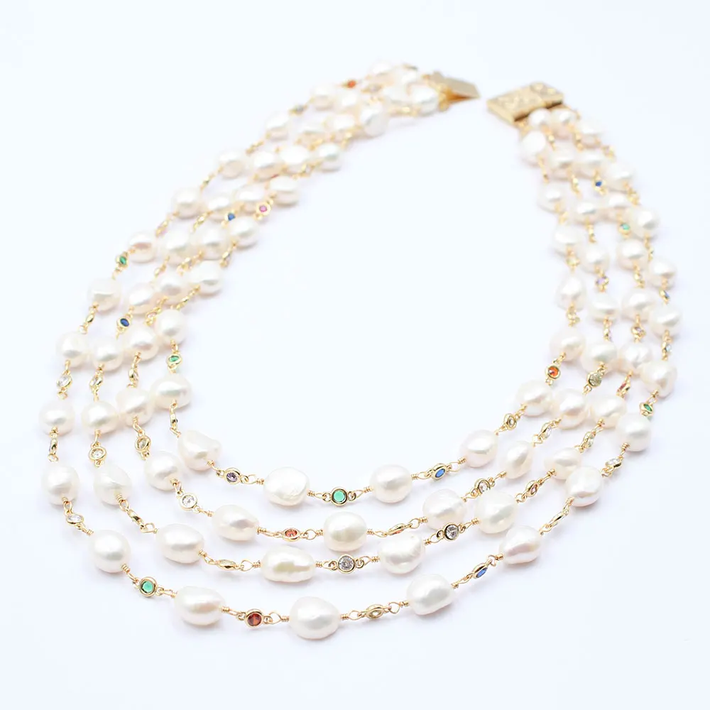 GG Jewelry 18 &quot4 пряди пресноводного белого жемчуга барокко многоцветный Цирконий