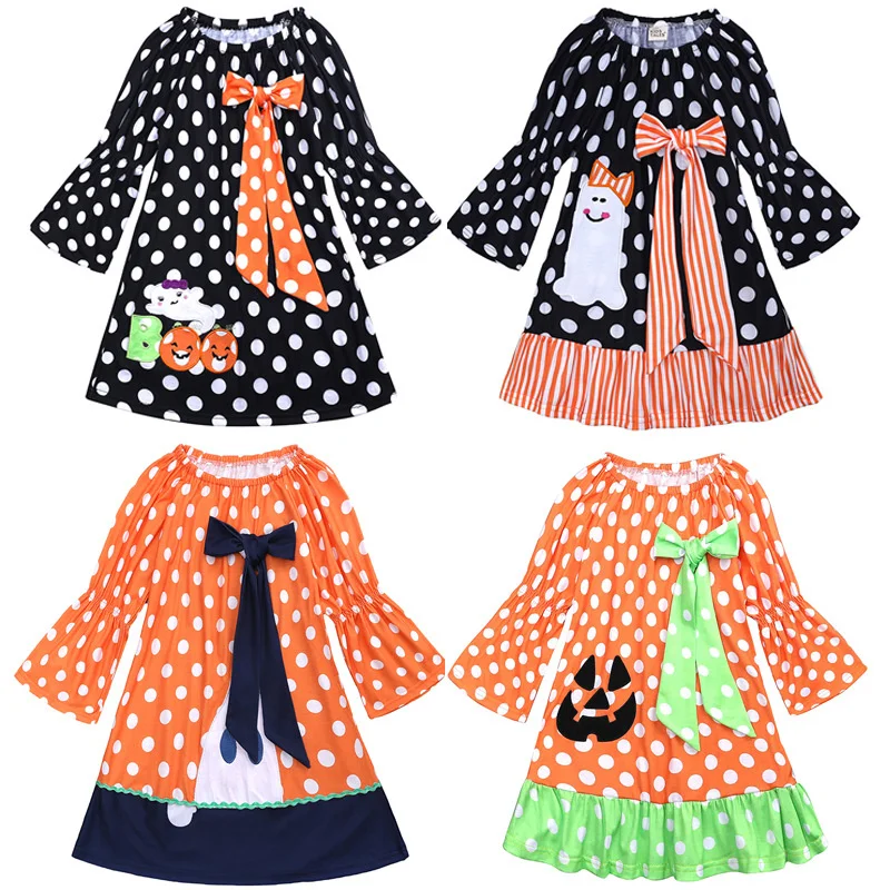 

children's wear long sleeve Girls Halloween Dress Black pumpkin ghost
