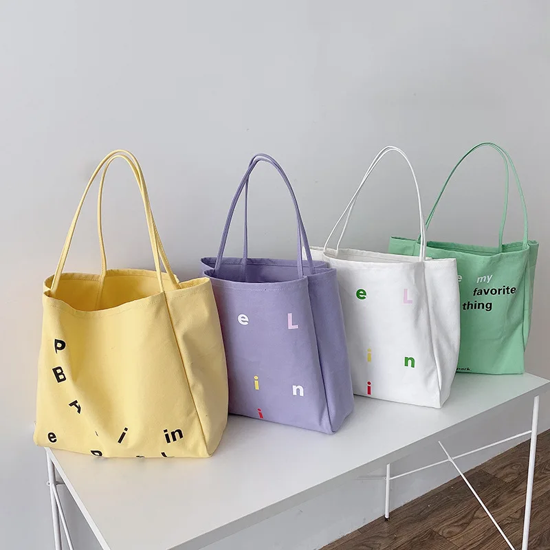 

Women Extra Large Canvas Shoulder Bag Cute Letters Print Big Shopping Bags Thick Cotton Cloth Handbag Simple Book Tote For Girls