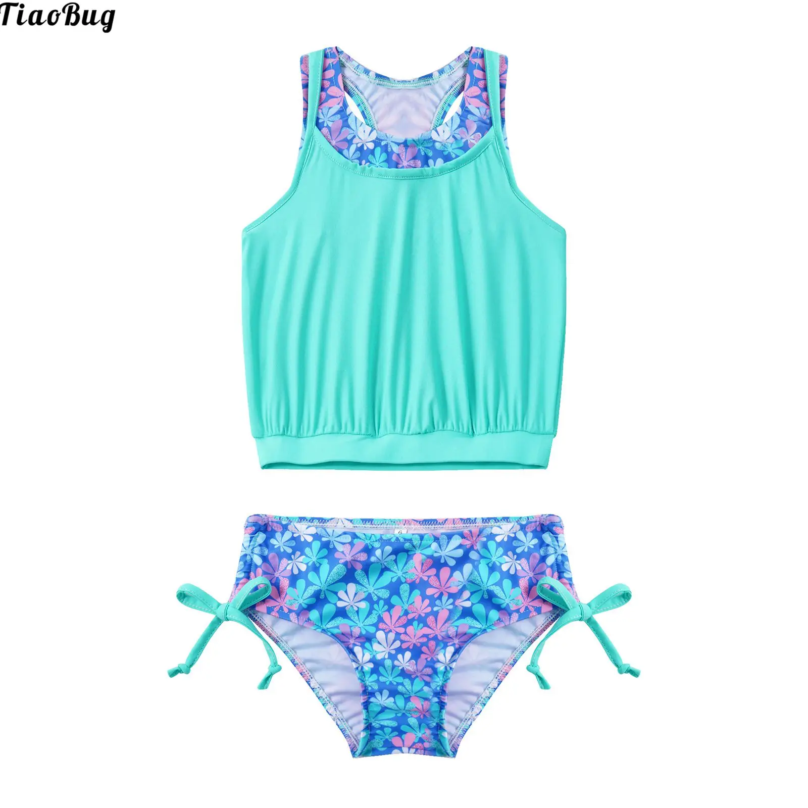 

Летние комплекты Танкини для девочек TiaoBug из 2 предметов, топ без рукавов с круглым вырезом и трусы, пляжный купальный костюм