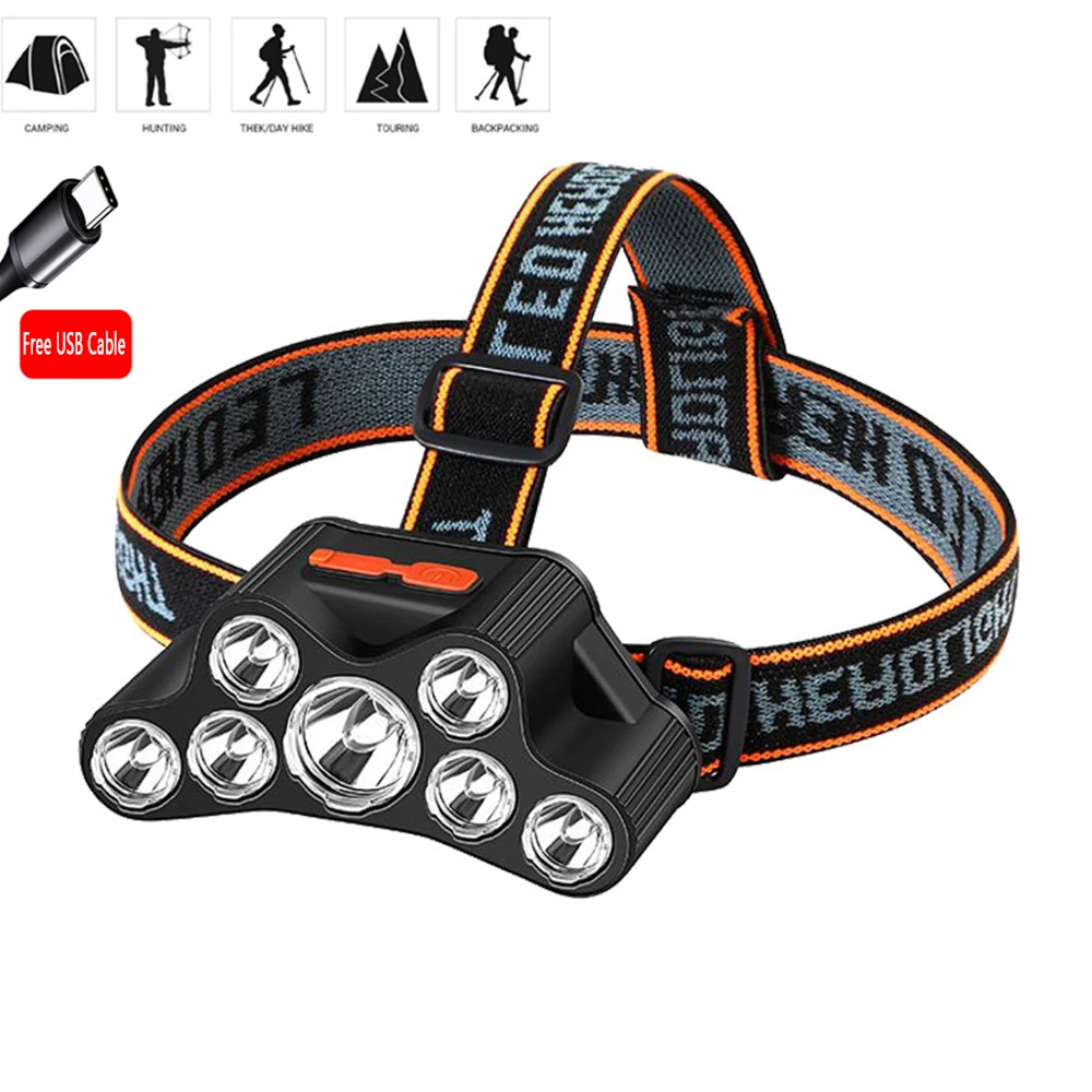 

USB Rechargeable LED Headlamp 7 Heads Waterproof Long Shot Super Bright Outdoor and Indoor Headlights for Camping Fishing