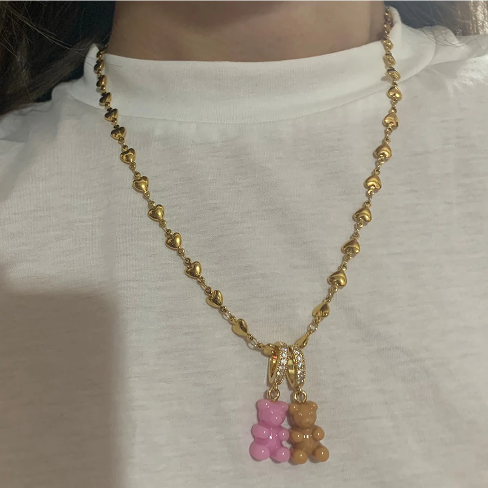 

New Colorful Resin Cute Candy Bear Shiny Zircon Pendant Heart Necklace For Women Gold Silver Color Metal Necklaces Party Jewelry