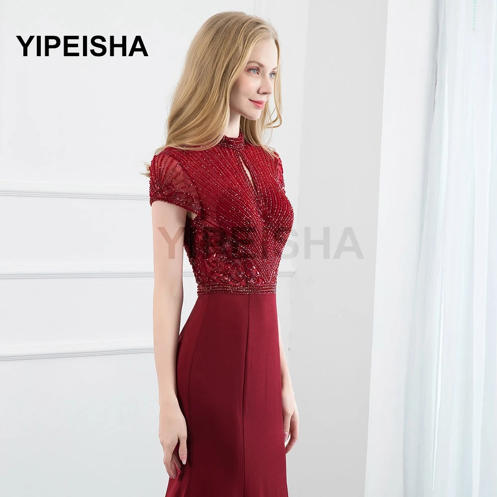 

2021 Red High Neck Evening Dress Short Sleeve Mermaid Beading Sequined Formal Prom Party Gown