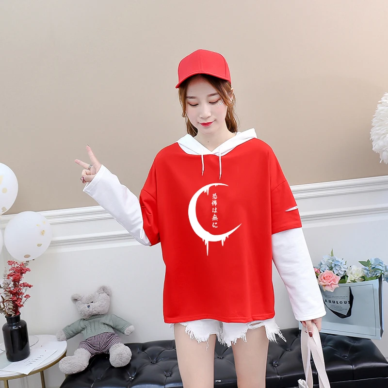 

Moon Print T Shirt Women Autumn Spring Long Sleeve Fake Two Pieces Patchwork Tshirts Casual Streetwear Harajuku Loose Funny Tops