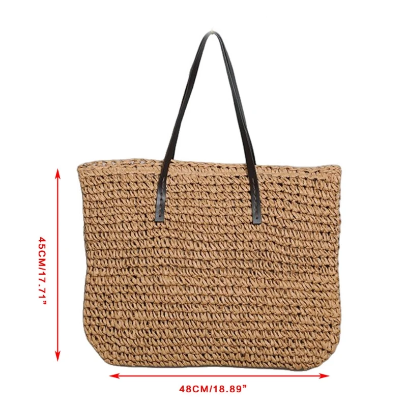 

066F Women Bohemian Vintage Woven Straw Large Capacity Tote Bag with Faux Leather Handle Zipper Closure Weaving Single Shoulder