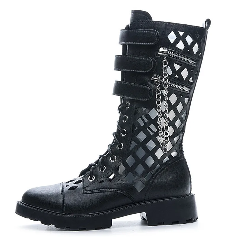 Стильные летние женские ботинки с высоким берцем Кожаные мотоциклетные