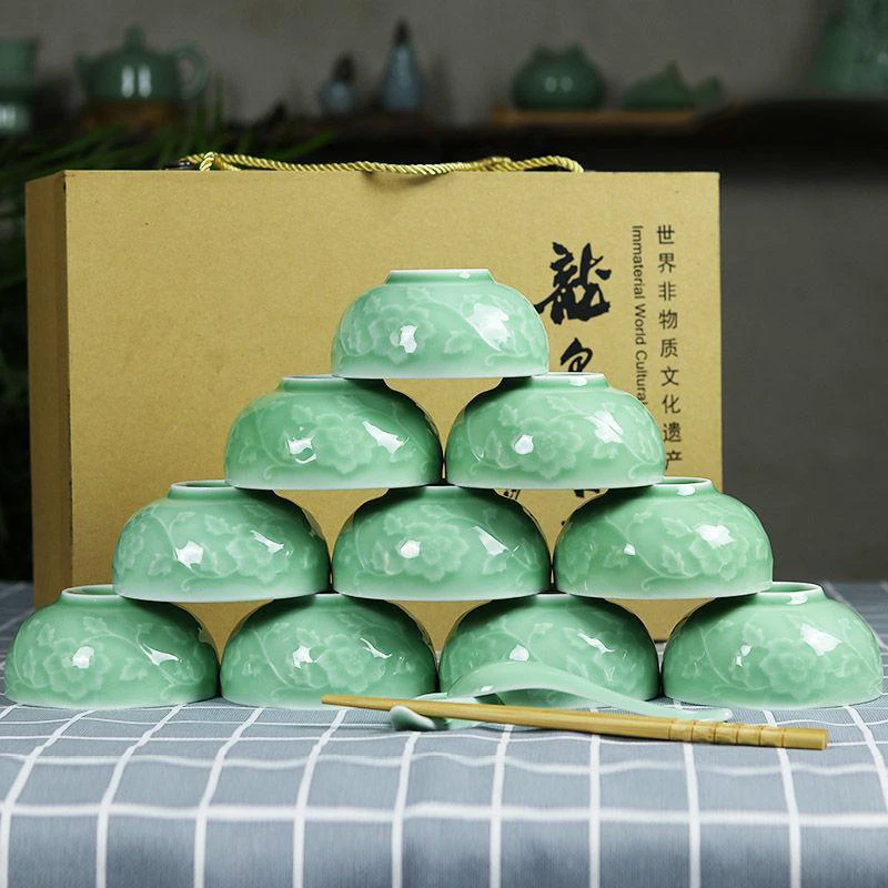 

Creative Ceramic Bowls Chinese, Japanese and Korean Style Household Bowls Longquan Celadon Dinner Bowls Embossed Wrapped Branch