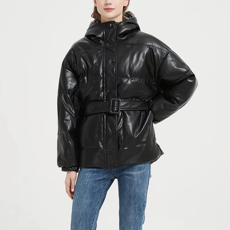 

Женская куртка с капюшоном и поясом KUMSVAG, теплая парка из искусственной кожи на каждый день, верхняя одежда, 2021