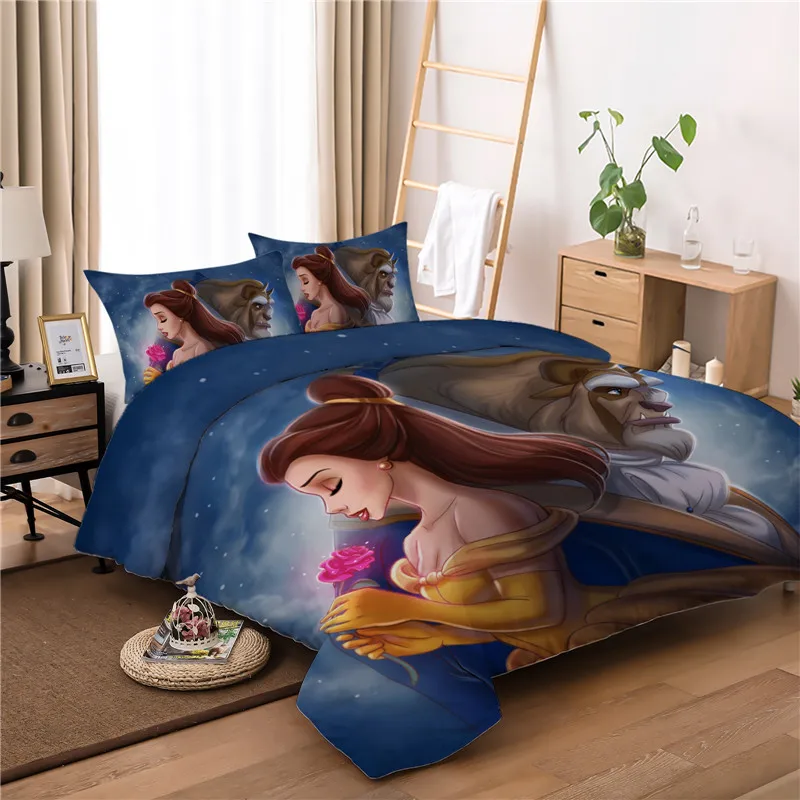 

2021 Bedding Set Beauty And The Beast 3D Cartoon Queen King Size Bed Linens Twin Full Double Child Girls Adult Duvet Cover Set