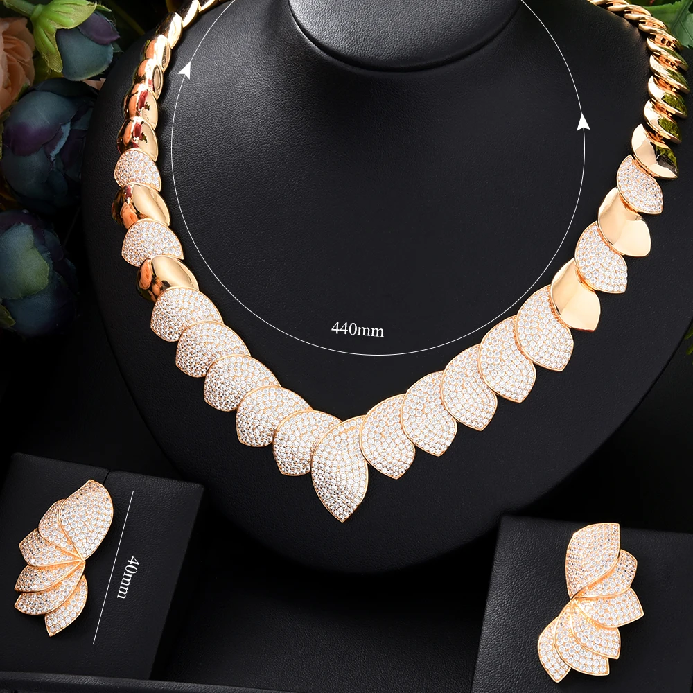 

New Trendy 2PCS Luxury Feather Necklace Statement Jewelry set For Women Wedding Cubic Zircon CZ African Dubai Bridal Jewelry