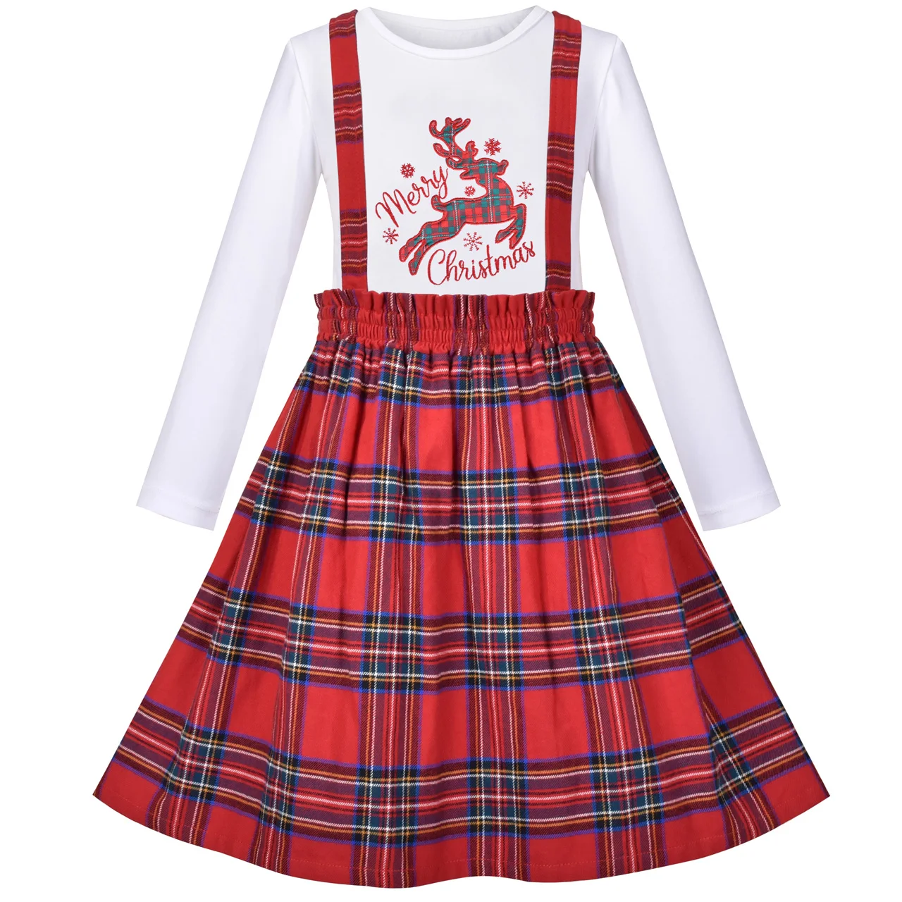 

2 Piece set Girls T-Shirt Suspender Christmas Red Checkered Reindeer Cotton 2020 Summer Princess Wedding Party Dresses