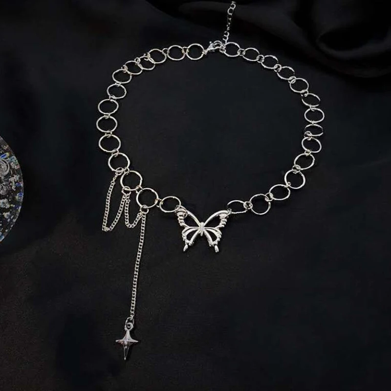 

2021 New Hollow Butterfly Cross Long Tassel Punk Link Chain Necklace Clavicle Choker for Women Jewelry Party Gifts