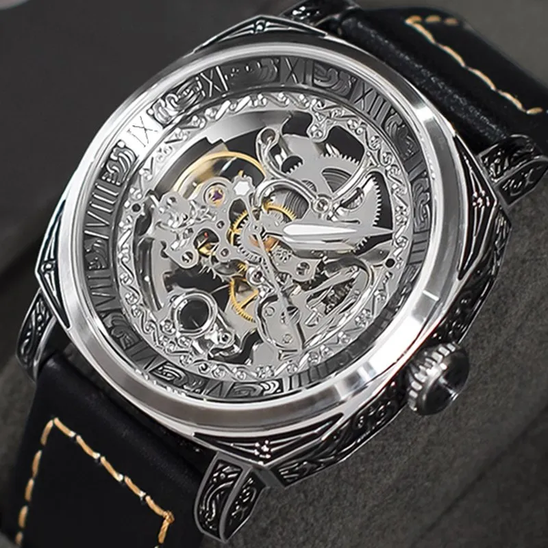 

New Genuine Automatic Mechanical Men's Watch Waterproof Hollow Stainless Steel Large Dial Men Watches Fashion Leather Male Clock