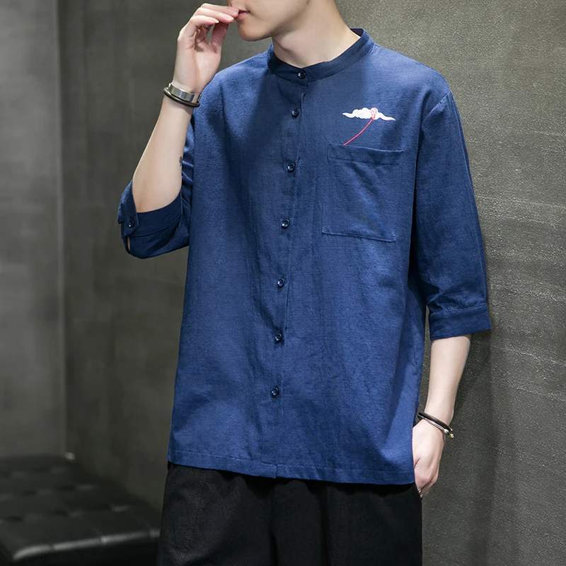 

Chinese Style Embroidery Three-Quarter Sleeve Shirt Summer Thin Plus Size Blouse Stand-Up Collar Cotton Linen Short Sleeves Tops