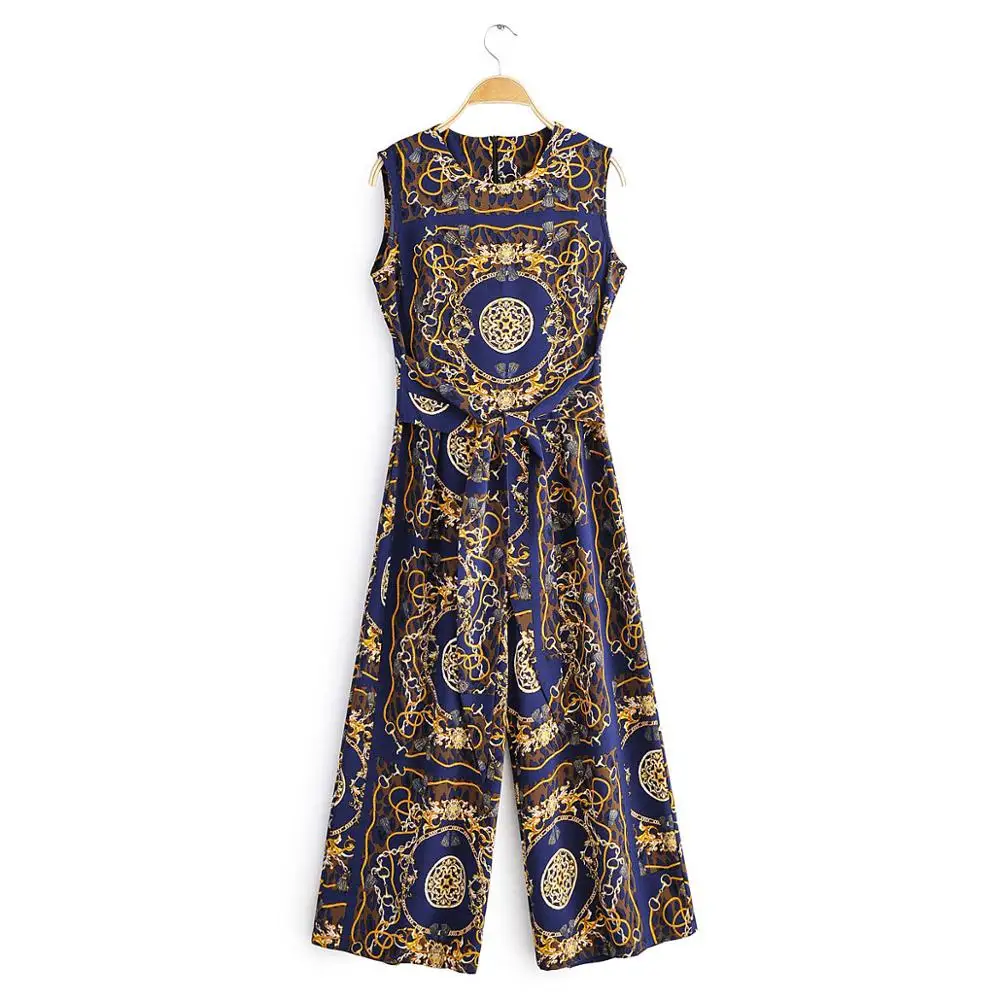 Женский комбинезон с поясом винтажный повседневный в Сиамском стиле принтом