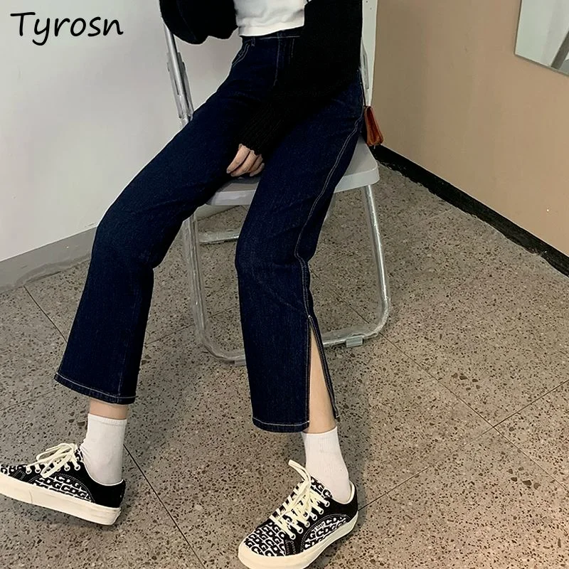 

Ankle-length Jeans Women Side-slit Design Korean Fashion High Waist Office Lady Streetwear All-match Harajuku Straight Trousers