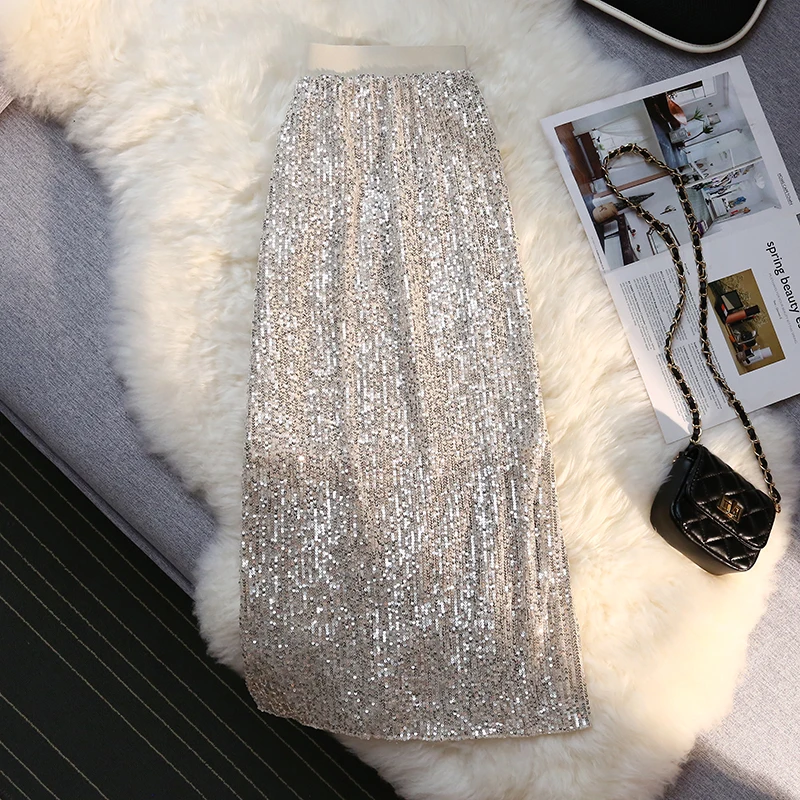 Skirts Womens High Waist Glittering A-line Elegant Sequins Long Skirt Female Falda Summer Stylish Elastic Split Midi | Женская одежда