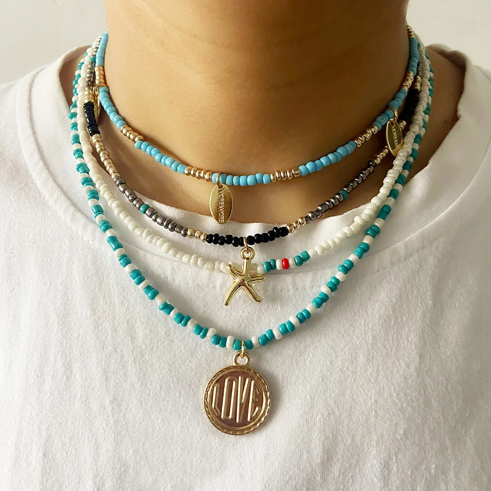 

Multilayer Fashion Bohemian Ethnic Style Handmade Seed Bead Starfish Love Pendant Necklace New Women Jewelry Bijoux Gift