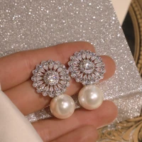 elegant bridal wedding pearl earrings luxury aaa cubic zircon silver romantic female party fashion stud earrings women