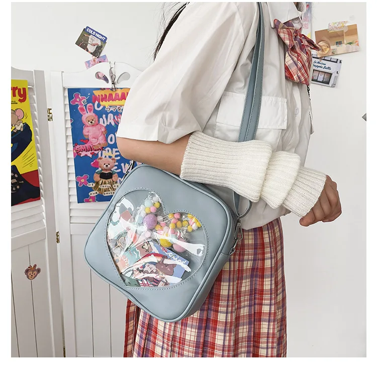

Girls Ita Bags Cute PU Square Bag Ladies Love Transparent Design Crossbody Bag Kawaii Doll Pendant Shoulder Bag Student Japanes