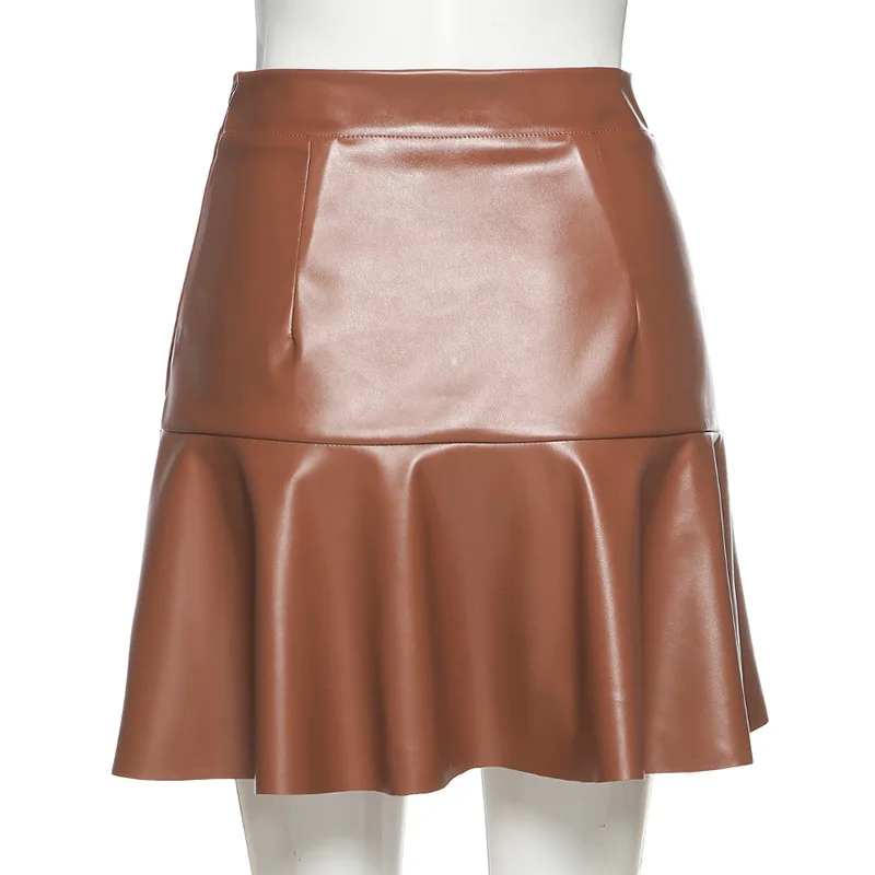 

Stylish Chic Pu Leather Mini SkirtFashion Women High Waist Ruffle Pleated Skirts Womens Casual Streetwear Party Faldas