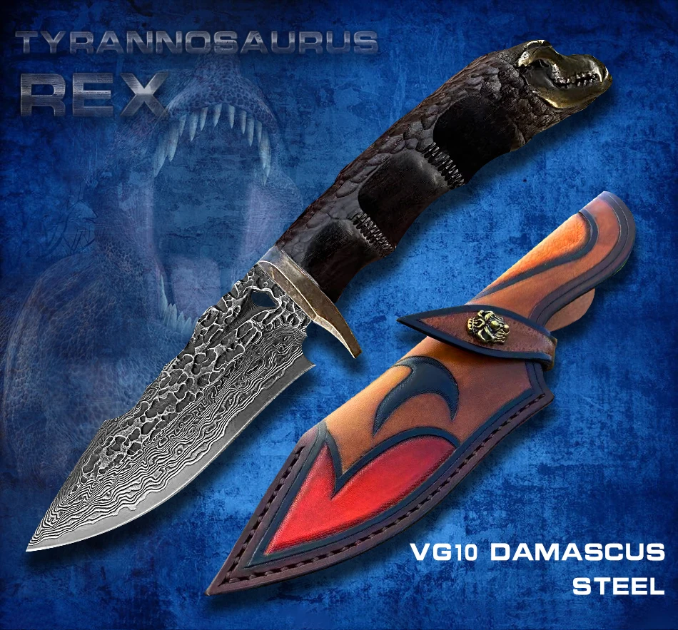 

Damascus Steel Hunting Knife VG10 Steel Ebony Tyrannosaurus Handle Outdoor Camping Knife Survival Sharp Fixed Blade Knife Tools