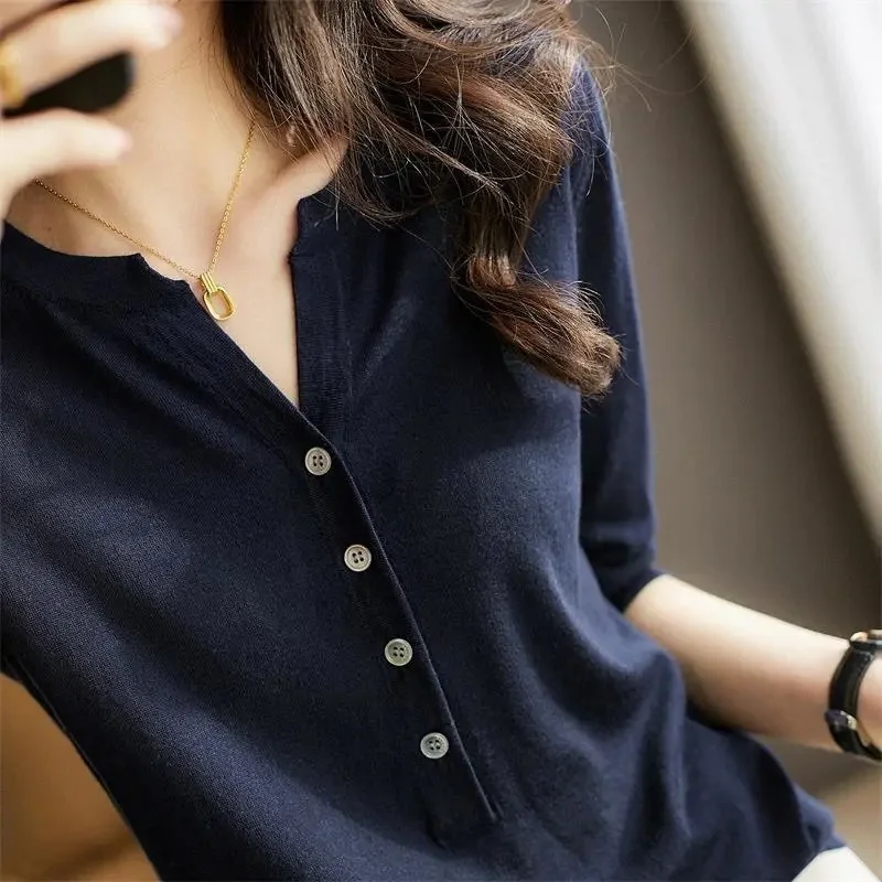 

Вязаный элегантный женский свитер, повседневный шерстяной кардиган для женщин, с рукавами средней длины, с V-образным вырезом, однобортная О...