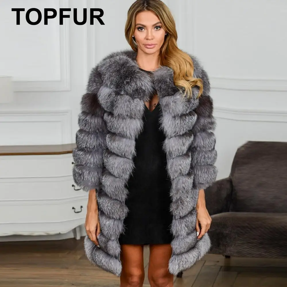 Женское пальто средней длины TOPFUR серое с рукавом три четверти из натурального