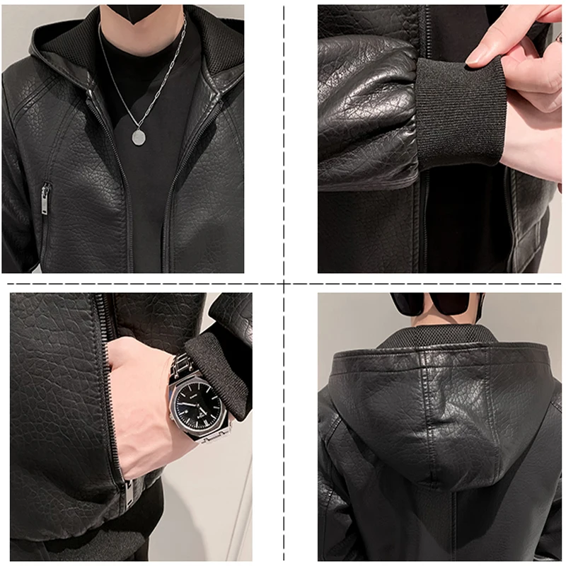 Мужская мотоциклетная кожаная куртка с капюшоном модная мужская байкерская из