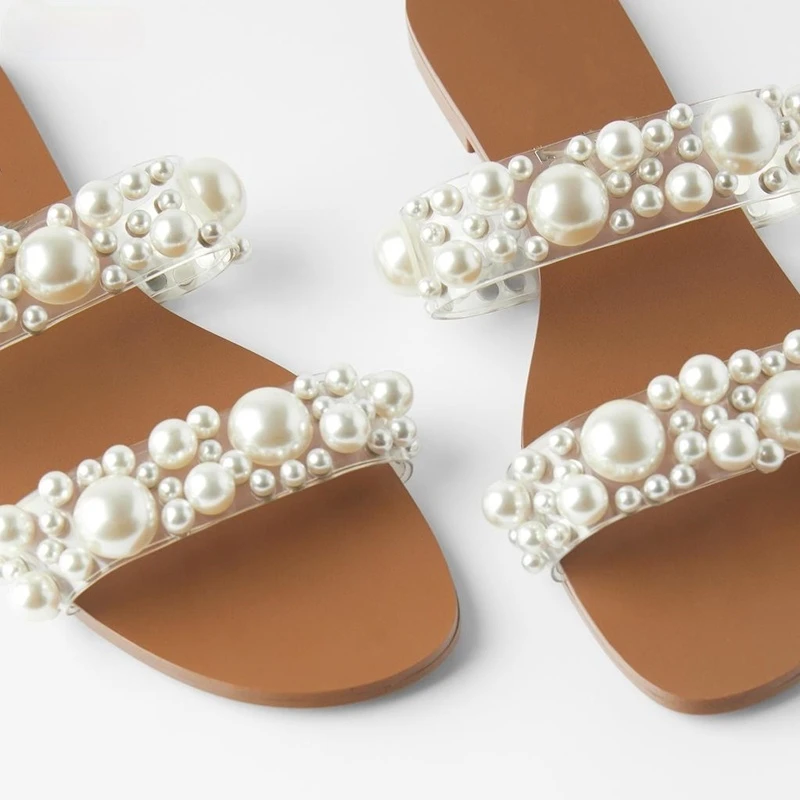 

Zomer Nieuwe Parel Kralenkettingen Slippers Vrouwen Platte Sandalen Strand Schoenen Casual Slippers Vrouwelijke Womens Pearl