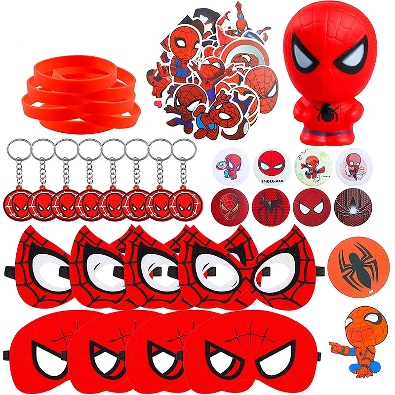 

72Pcs Spider Theme Superhero Party Supplies Mask Squeeze Toy Sticker Rubber Bracelet Badge Keychain Party Favor for Children